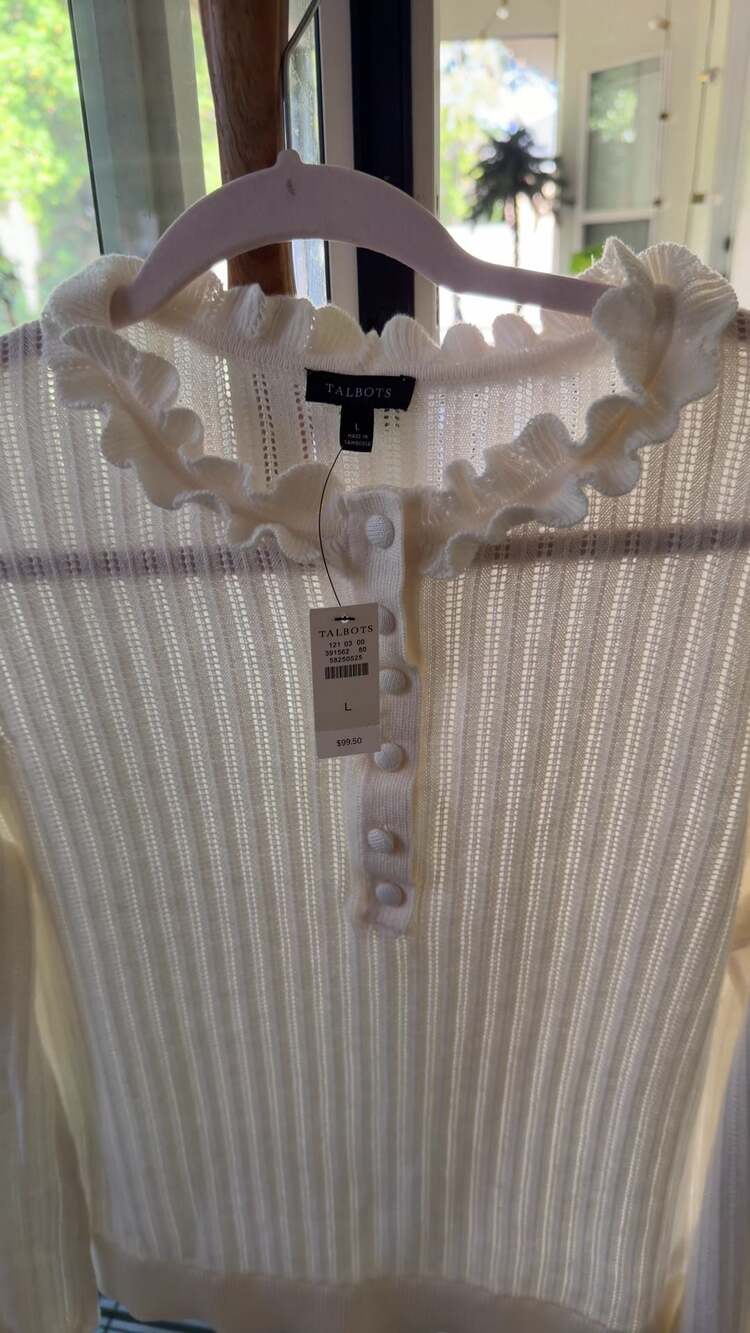 Talbots Women's White Pointelle Ribbed Henley with Ruffle Collar